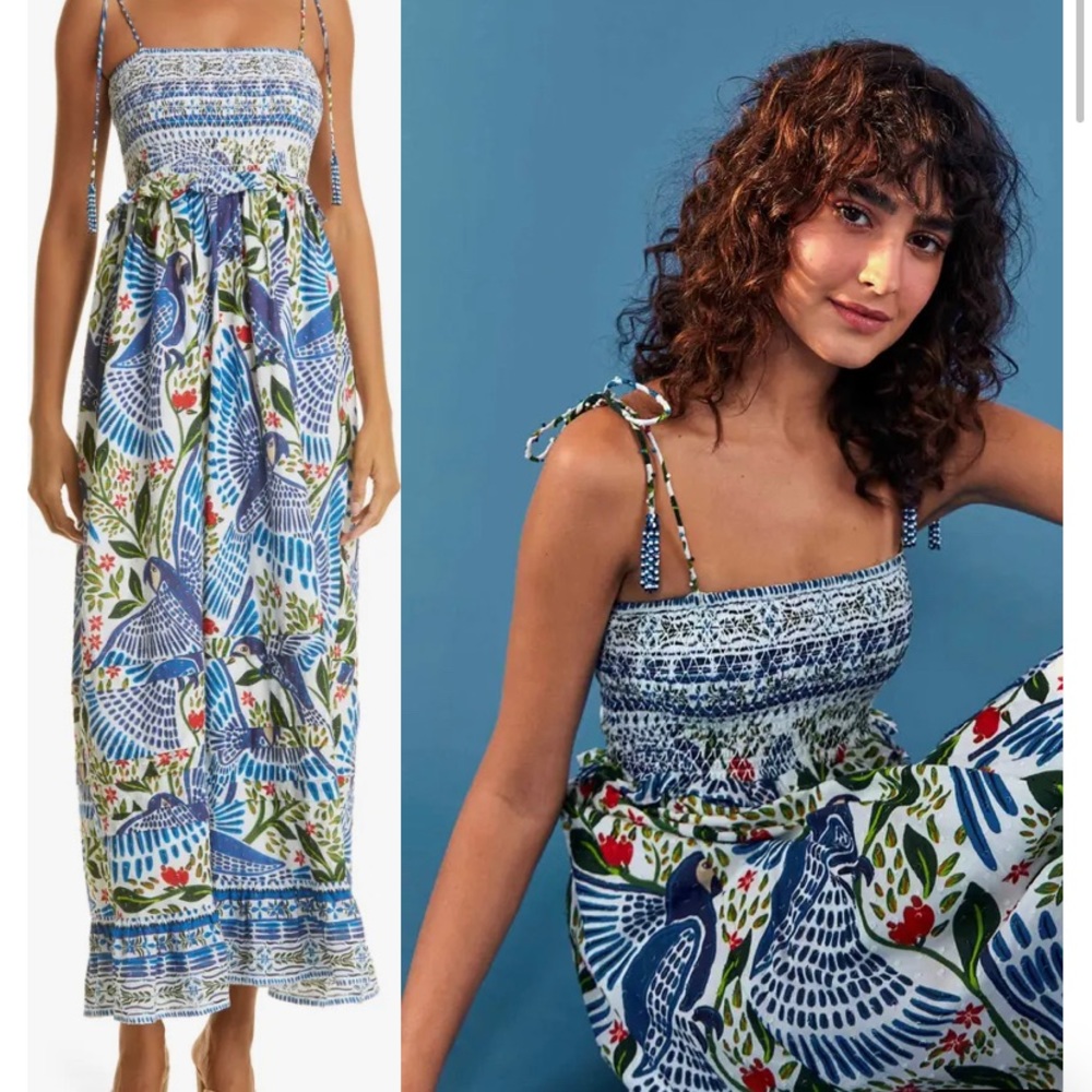 EUC Farm Rio Macaw Flight Smocked tiered hem cotton dress